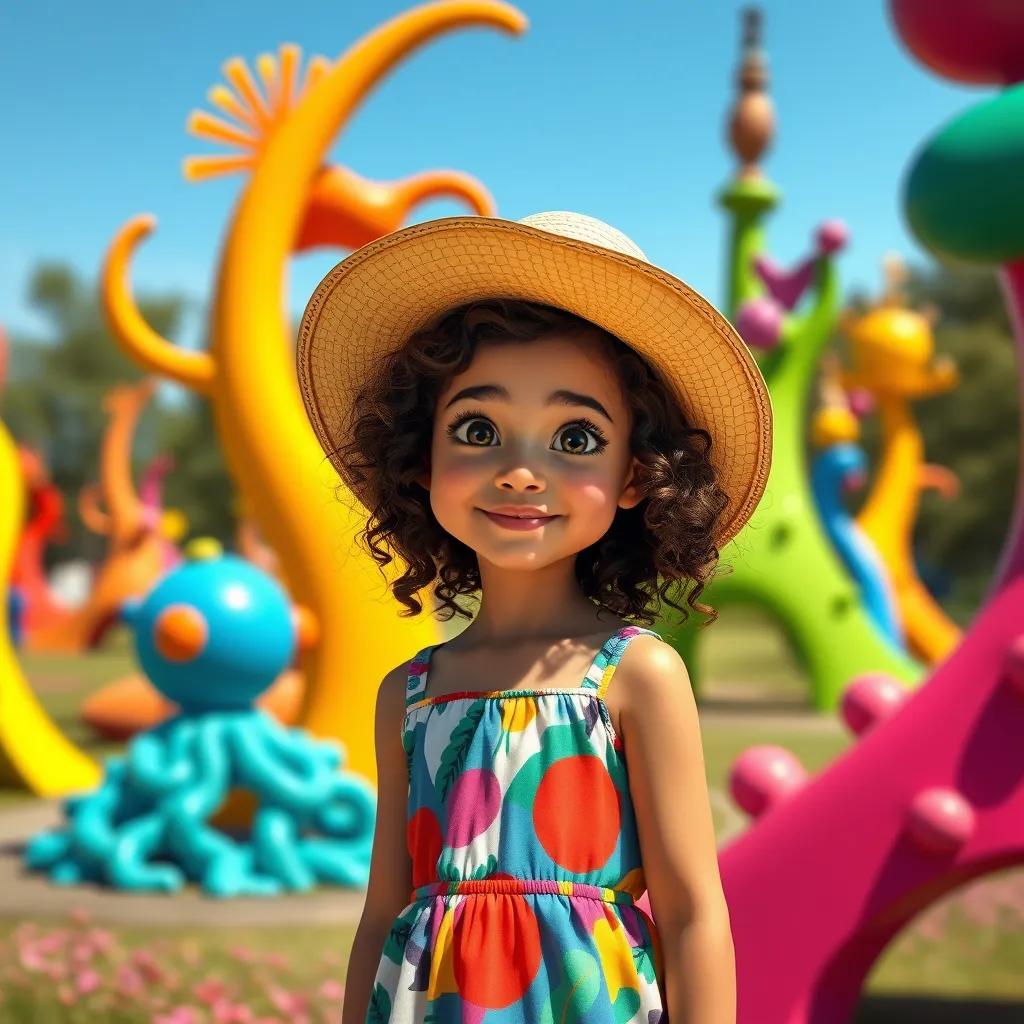 A young girl, Suad, with curly hair, wearing a colorful dress and a sun hat, standing in a bright and colorful sculpture park in Toronto, sunny day, cheerful atmosphere, digital art, high quality