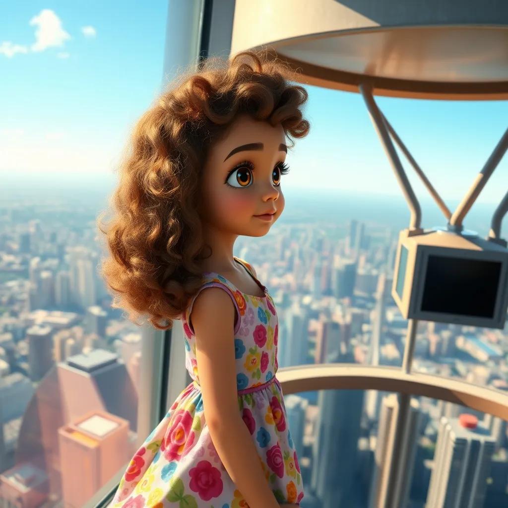 Suad, a young girl with curly hair, wearing a colorful dress, looking out from the top of the CN Tower, with city buildings below resembling small blocks, bright day, digital painting, realistic view
