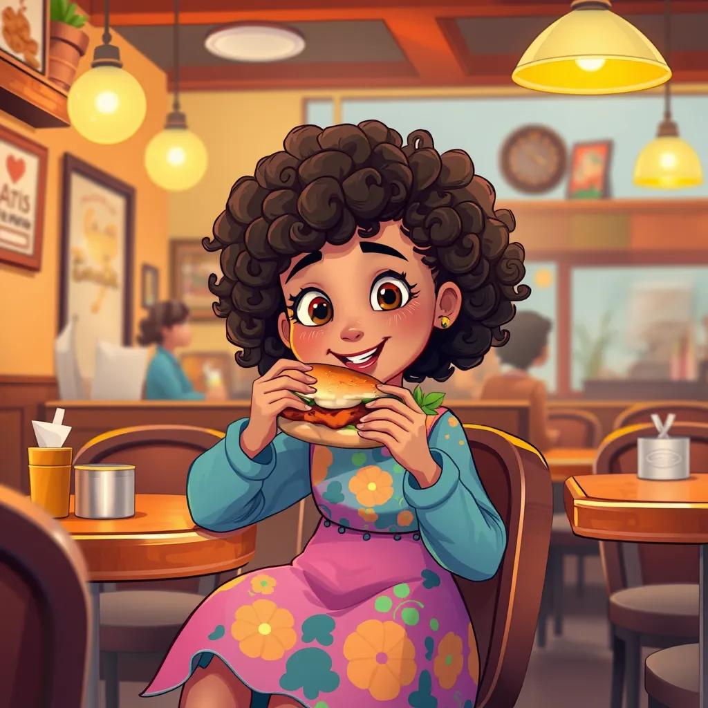Suad, a young girl with curly hair in a colorful dress, sitting in a cozy local restaurant enjoying a delicious chicken sandwich, warm and inviting atmosphere, vibrant colors, illustration, cheerful