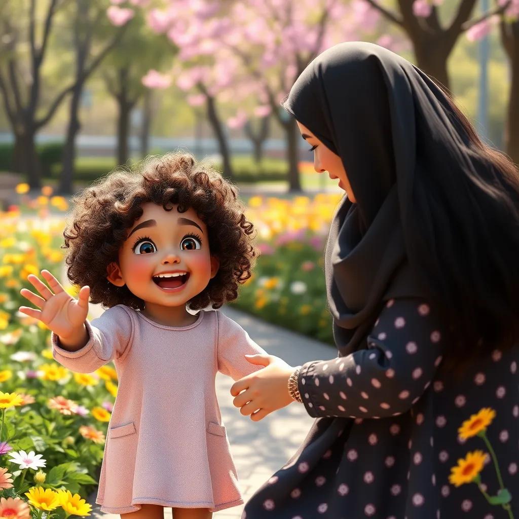 Suad, a young girl with curly hair and her mother, Sara, waving at each other while playing in a small park in Toronto, bright flowers around, joyful moment, digital art, heartwarming scene