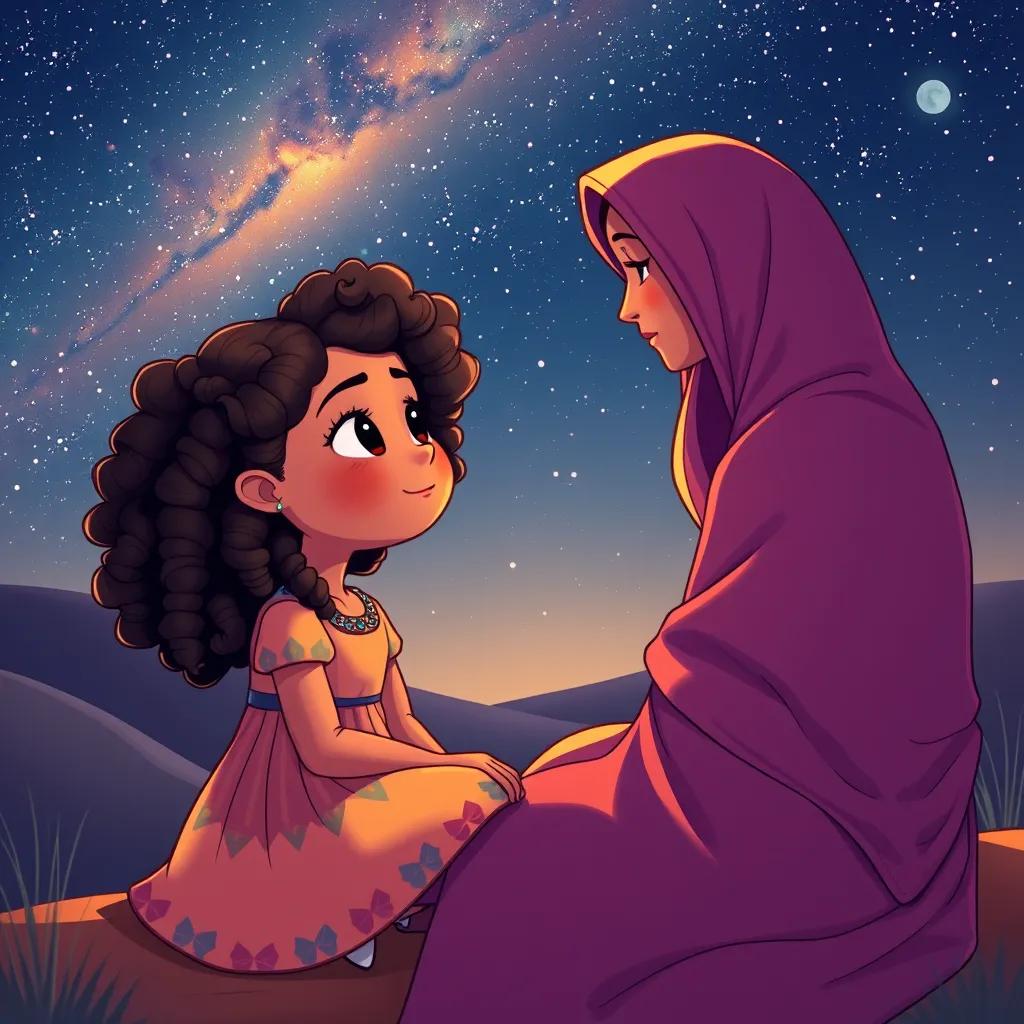 Suad, a young girl with curly hair in a colorful dress, sitting with her mother, Sara, under a starry sky reflecting on their wonderful day, warm colors, peaceful atmosphere, illustration