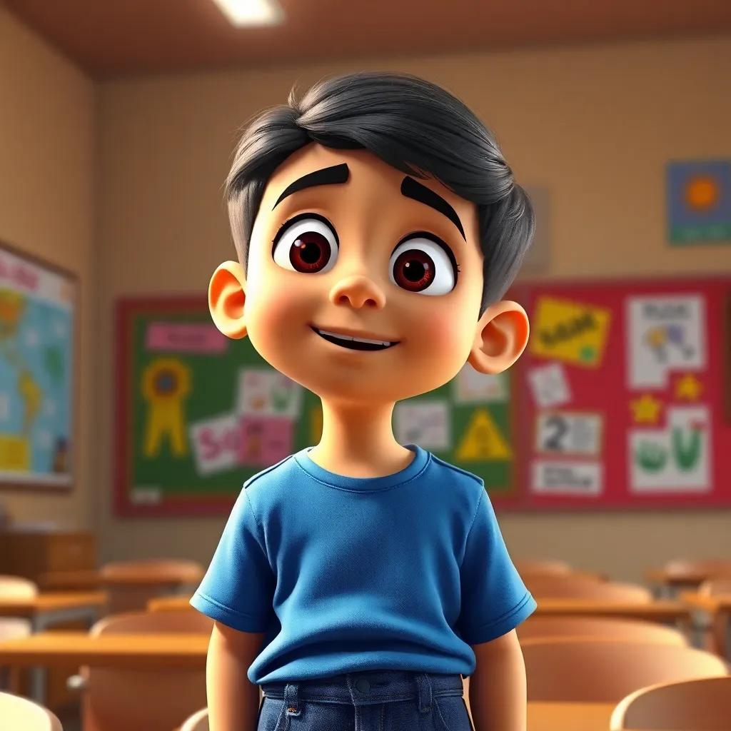 A young Arab boy, Karim, with short black hair, wearing a blue t-shirt and jeans, looking curious and excited in a classroom, warm light, colorful posters in the background, cheerful atmosphere, digital art, high quality