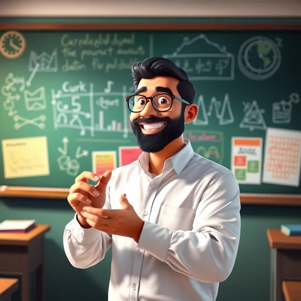 A cheerful teacher, an Arab man in his 30s, with a beard, wearing a white shirt and glasses, smiling and explaining in front of a blackboard filled with diagrams, vibrant colors, engaging classroom environment, digital painting, detailed, inviting