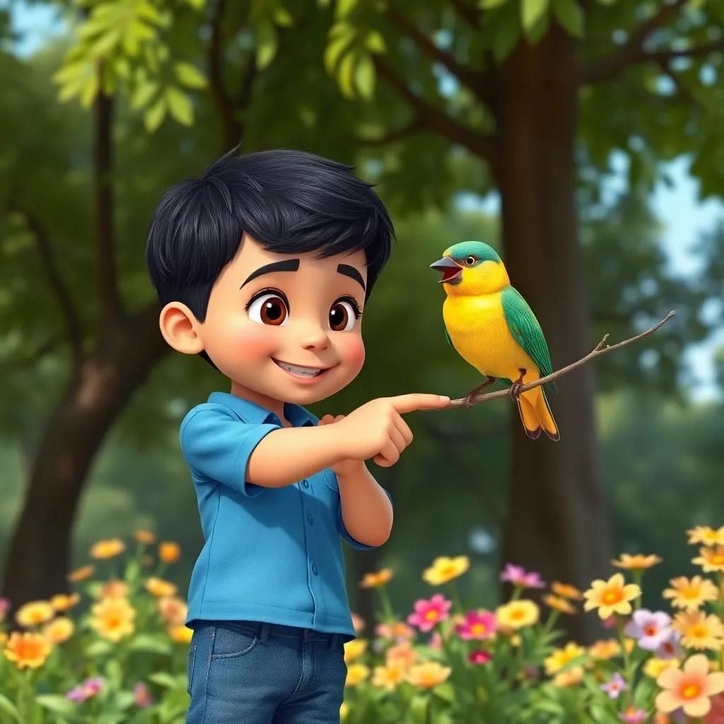 A young Arab boy, Marwan, with short black hair, wearing a blue shirt and jeans, pointing at a colorful bird perched on a branch, surrounded by green trees and bright flowers, cheerful atmosphere, digital art, vibrant colors, child's perspective, high quality