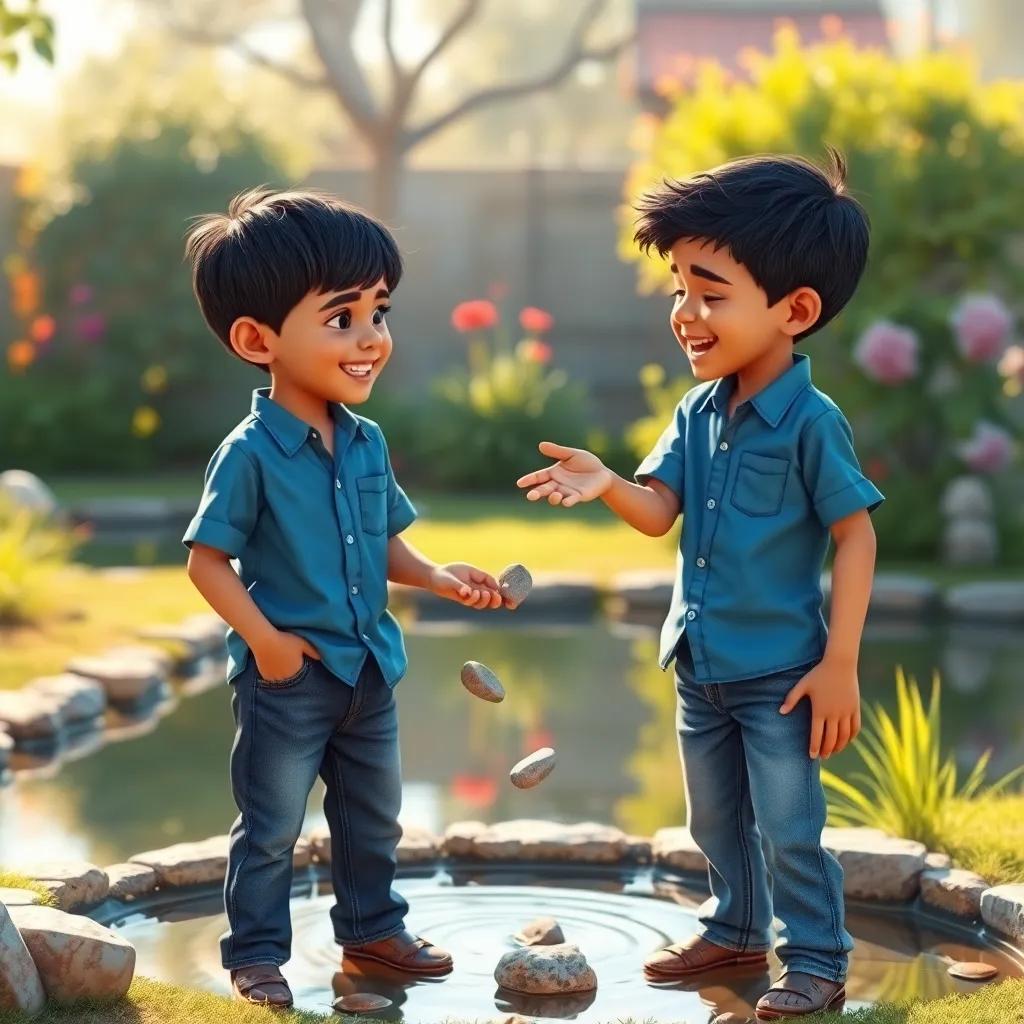 Two young Arab boys, Marwan and Said, with short black hair, wearing a blue shirt and jeans, standing next to a small pond, throwing stones into the water, laughter and playfulness, lively garden scene, warm sunlight, engaging depth, child-friendly