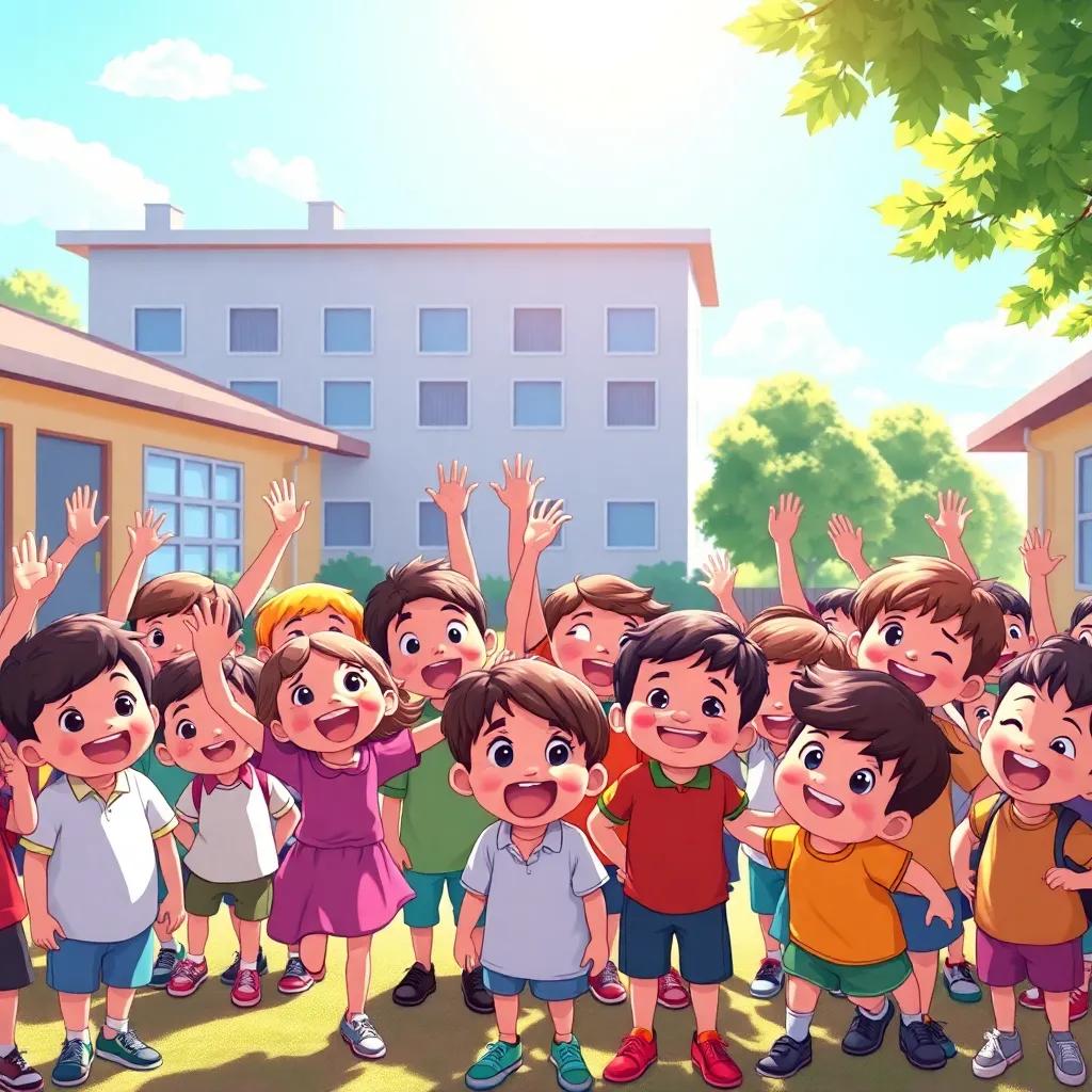 A group of excited children gathered in a schoolyard, bright sunlight, vibrant atmosphere, illustration, cheerful and lively, colorful detail