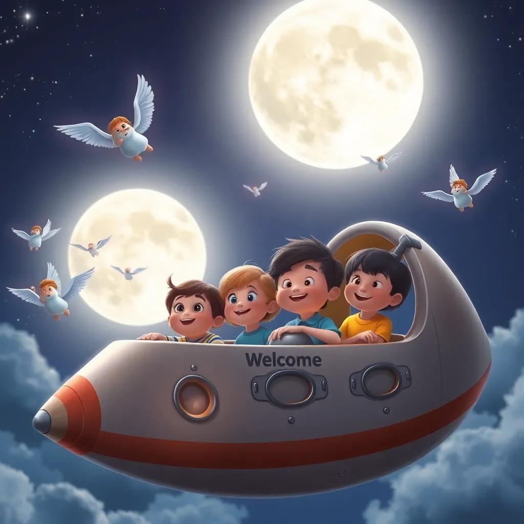 A creative spaceship with children looking out, happy expressions, flying angels around them, soft silver light of the moon in the background, digital art, welcoming and dreamy