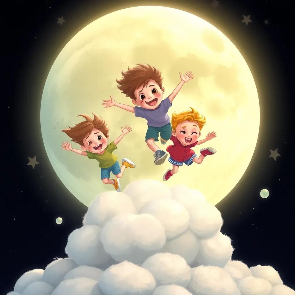 Children bouncing on fluffy, cottony lunar ground, playing and racing, joy on their faces, starry background, bright moon, cheerful illustration, warm colors, magical