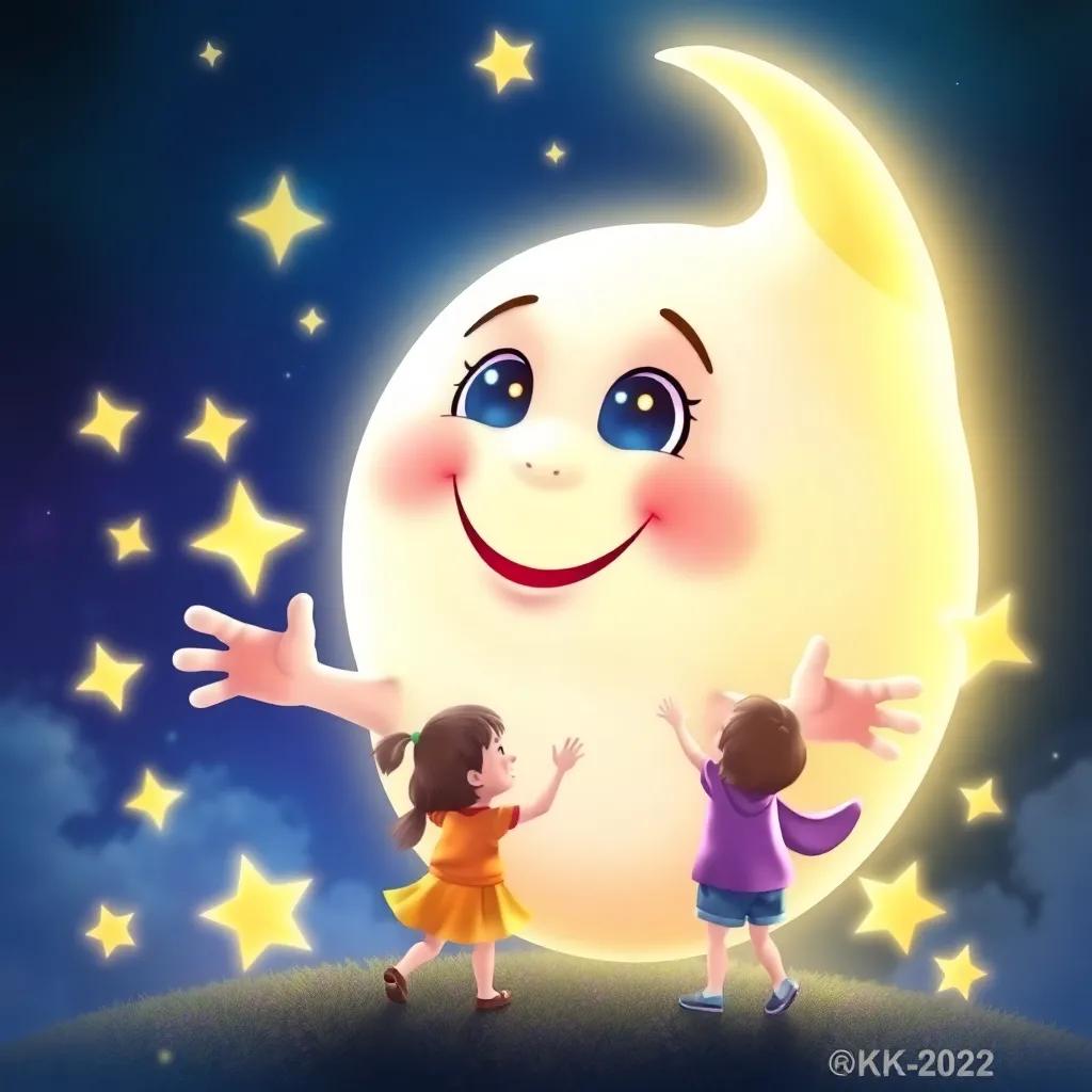 A wonderful moon creature with sparkling eyes and a bright smile, greeting the children with open arms, surrounded by twinkling stars, enchanting and friendly, digital art, vibrant colors