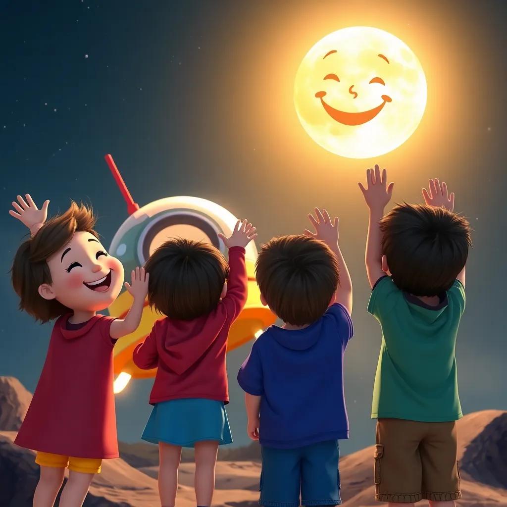 Children waving goodbye to the moon, smiling faces, colorful spaceship ready to leave, bright moon with a twinkling smile, heartwarming scene, fantasy, inviting atmosphere
