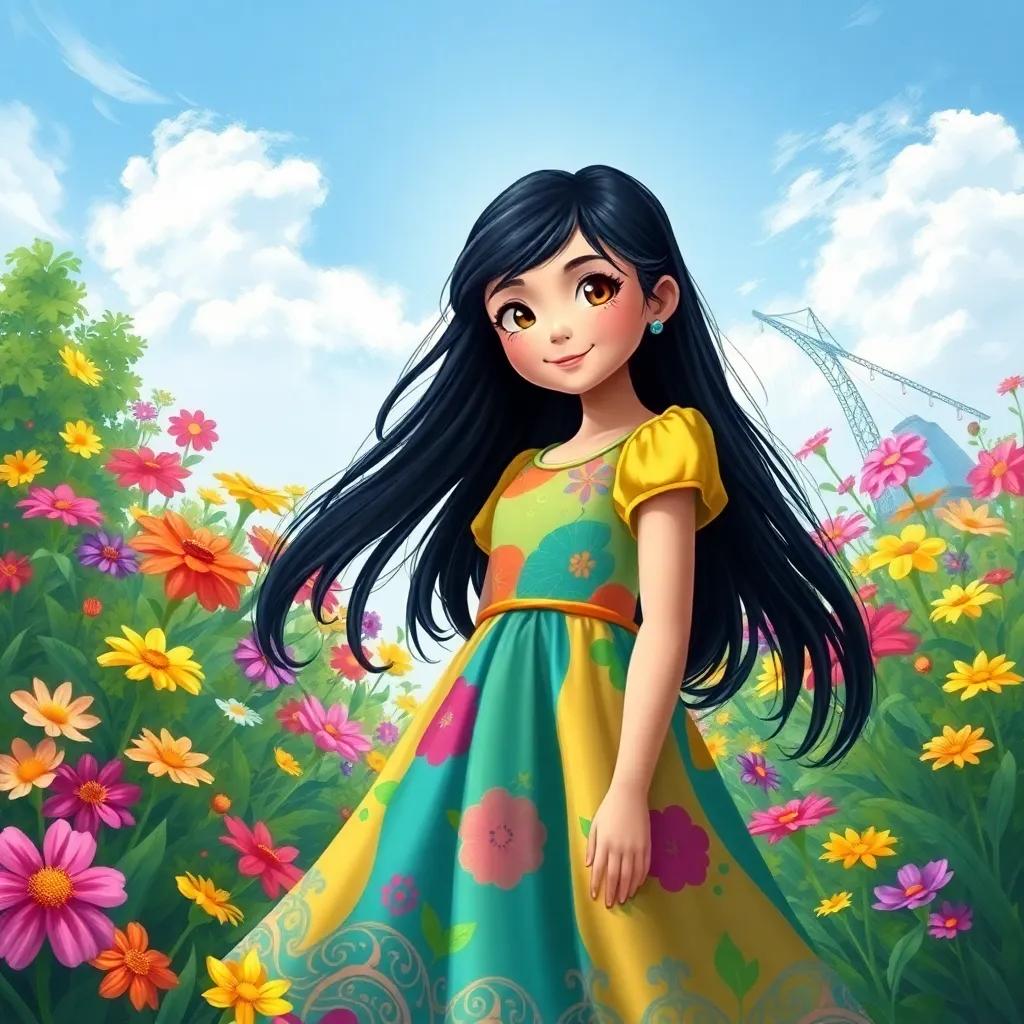 A cheerful girl, Leila, with long black hair wearing a colorful dress, exploring a beautiful garden filled with bright flowers under a blue sky, vibrant digital art, cheerful atmosphere, high quality