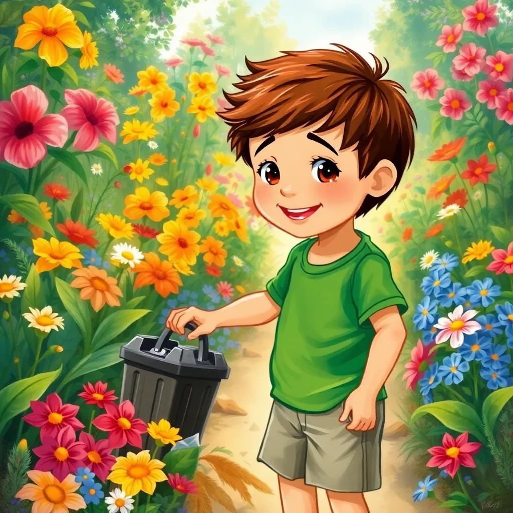 A young boy, Sami, with short brown hair wearing a green t-shirt and shorts, happily picking up trash in a colorful garden, surrounded by blooming flowers, lively illustration, engaging environment, child-friendly