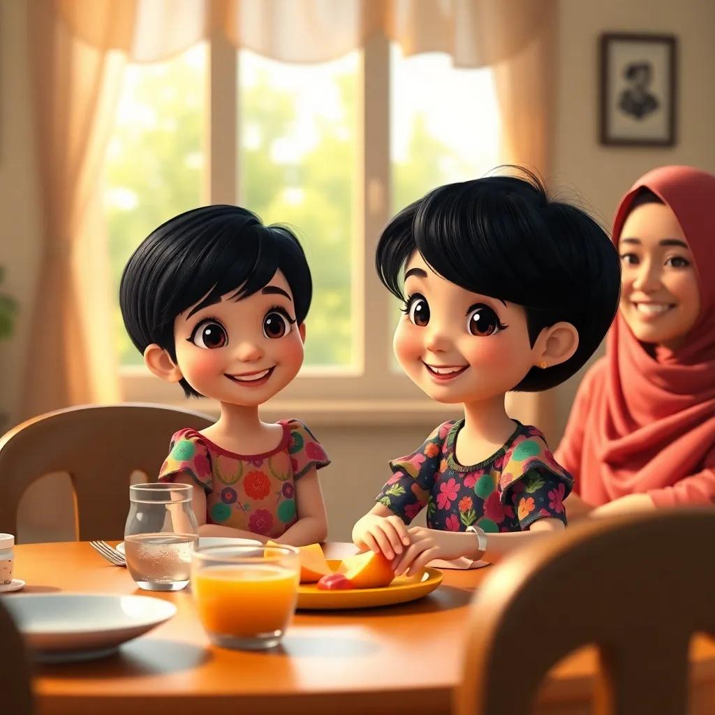 A young Arabic girl, Juna, with short, black hair, wearing a colorful dress, sitting at a breakfast table with her mother, playful and cheerful mood, warm morning light, homey atmosphere, high quality