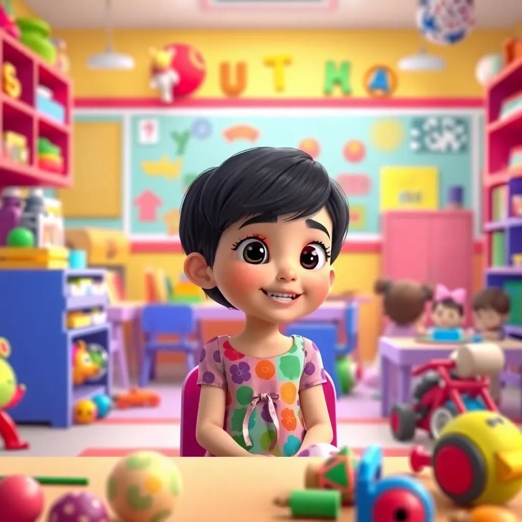 A young Arabic girl, Juna, with short black hair, wearing a colorful dress, sitting in a colorful classroom surrounded by toys and children, looking curious and happy, bright colors and fun atmosphere, illustration, vibrant