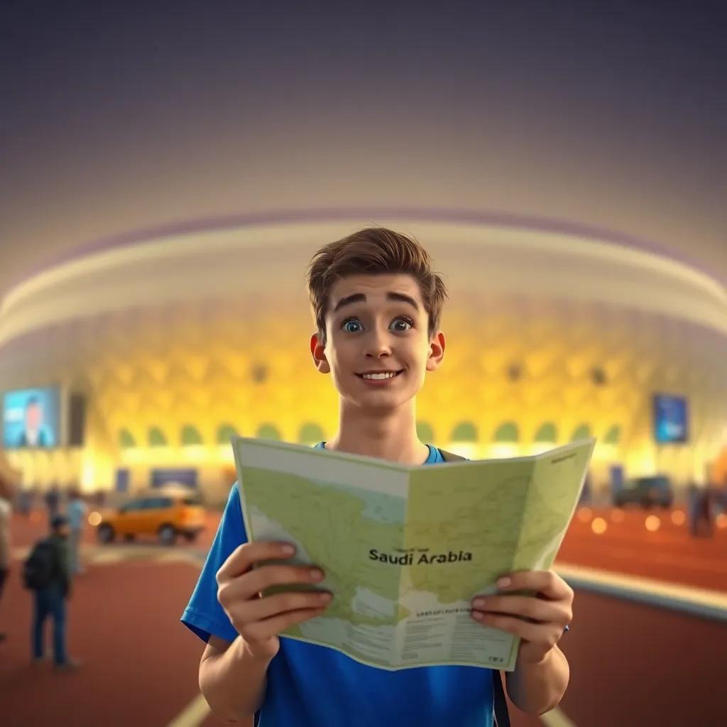 A young man, John, a tourist from the United States, wearing a blue shirt, looking excited but confused, standing outside a stadium in Saudi Arabia with a map in his hands, digital art, warm colors, vibrant atmosphere, high quality