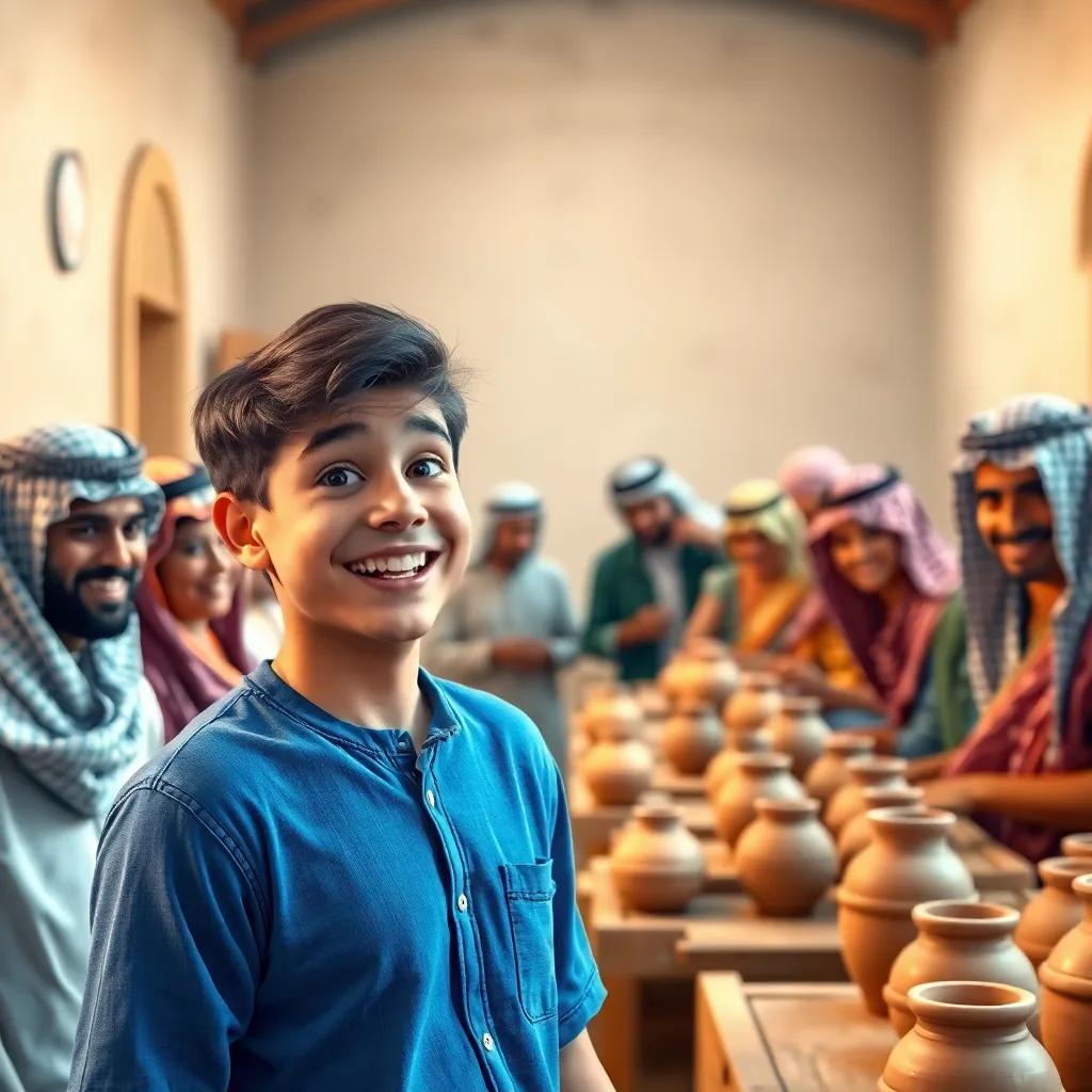 John, a young man from the United States in a blue shirt, happily attending a pottery workshop, surrounded by local Saudi people sharing cultural traditions, colorful, friendly lighting, storytelling view, high quality