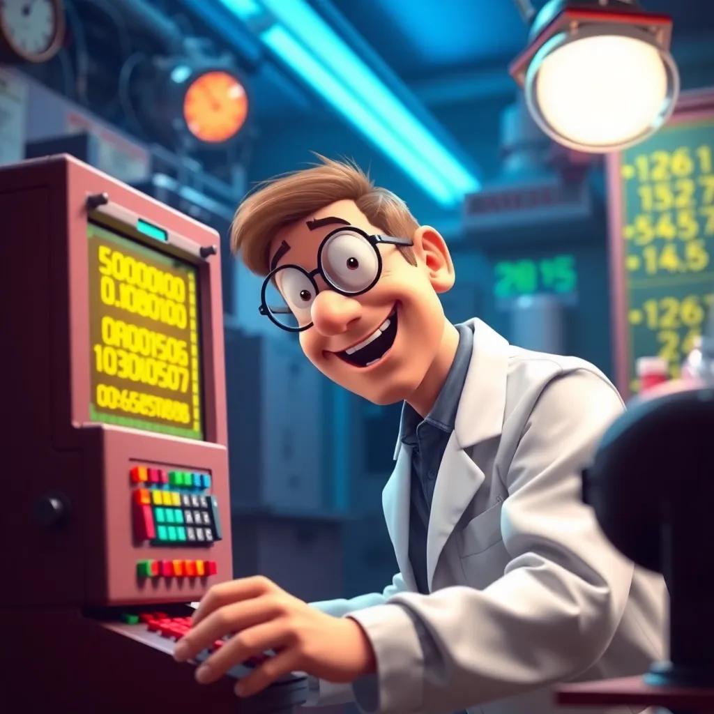 John, a middle-aged Caucasian engineer with short brown hair, wearing a white lab coat and glasses, excitedly operating his new colorful calculating machine with numbers flashing on the screen, in a secret laboratory, bright lights, cheerful vibe, high quality