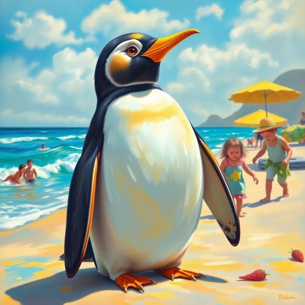 A cheerful penguin, James, with a golden beak, standing on a sunny beach with children playing in the sand, vibrant colors, joyful atmosphere, high quality