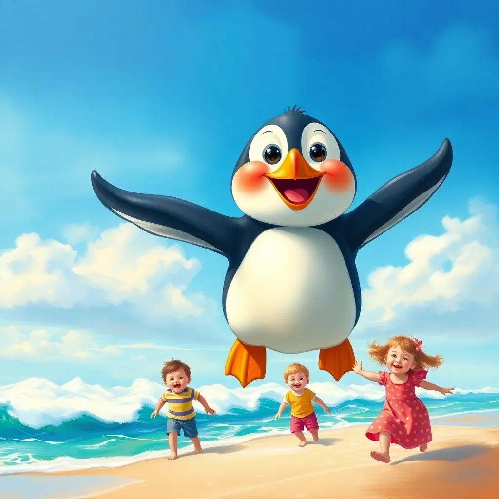 James, the happy penguin with a golden beak, flying joyfully in the blue sky, showing off his amazing flying skills above joyful children on the beach, colorful, dynamic, child-friendly, high quality