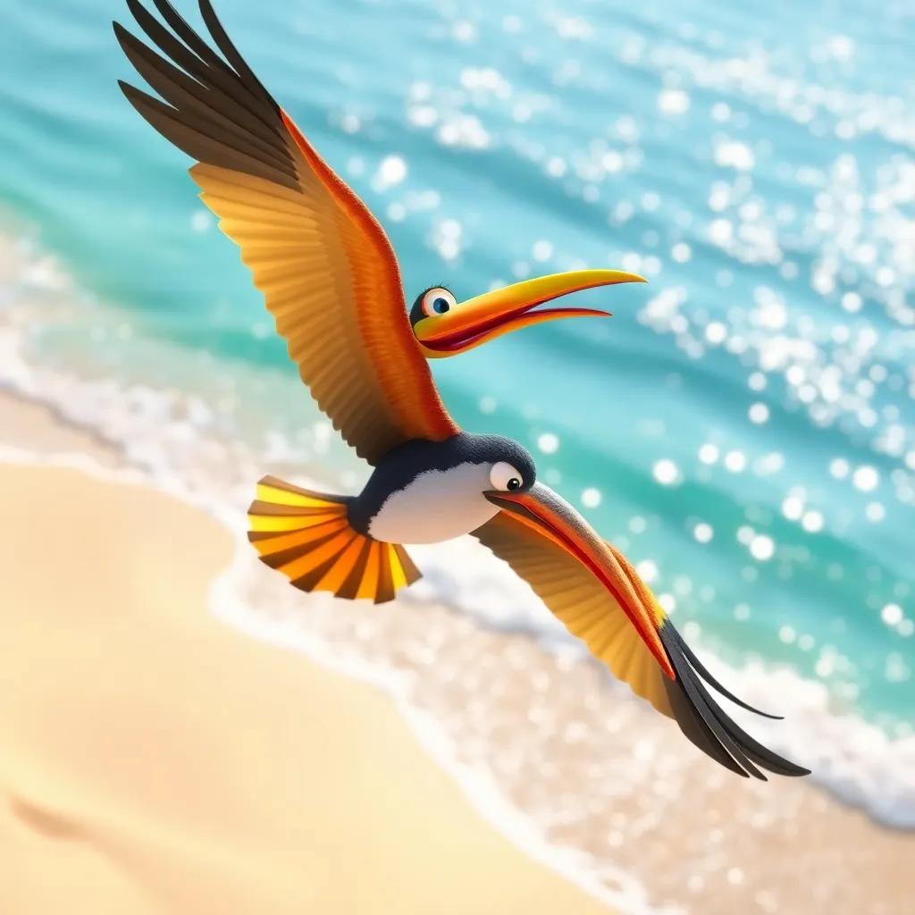 A colorful bird named James, a long-billed bird, looking excited as he flies above a sandy beach, with the sparkling sea in the background, digital art, vibrant colors, cheerful atmosphere, high quality