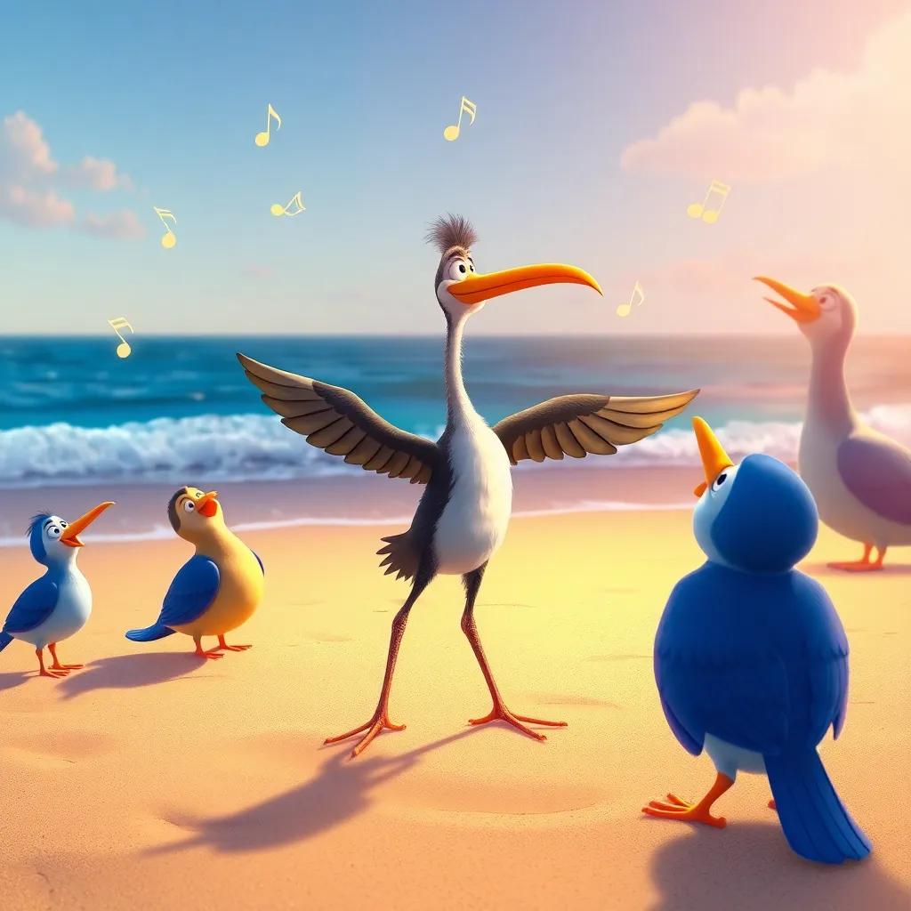 James, the long-billed bird, dancing happily on the sandy beach, with music notes around him, and other birds watching joyfully, colorful, warm light, playful setting, illustration, high quality