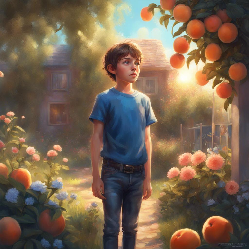 A young boy named James with short brown hair, wearing a blue t-shirt and jeans, looking surprised at a sparkling peach in his garden, sunlight shining around, vibrant flowers in the background, fantasy art, bright colors