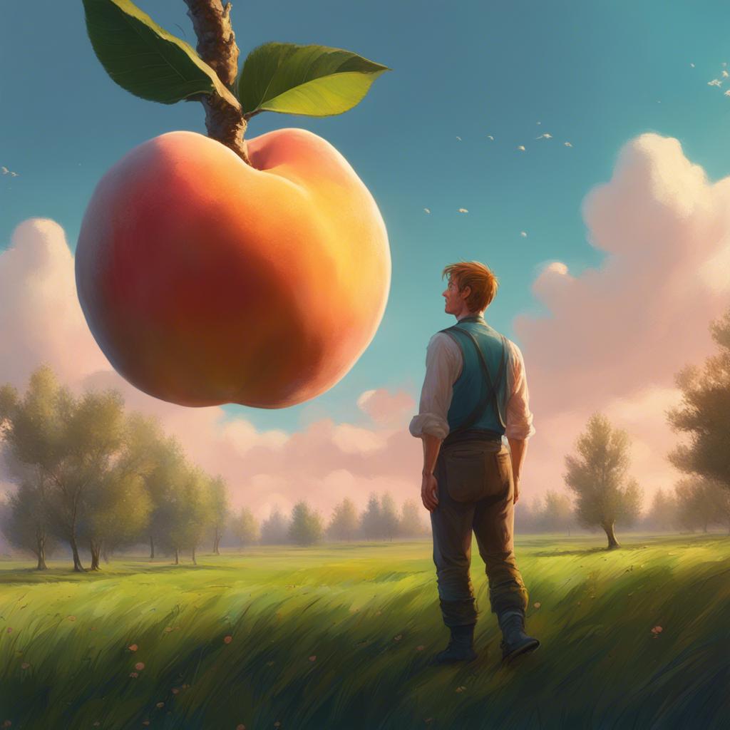 James touching the magical peach, it starts to glow and hover in the air, his face filled with wonder, green grass and a blue sky, animated style, cheerful atmosphere