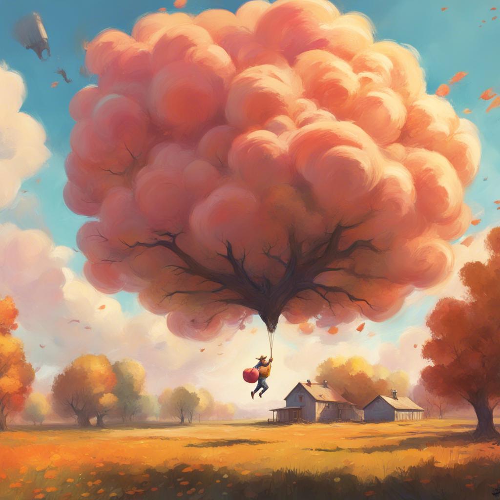 A large peach transforming into a fluffy cloud, James happily jumping on it, flying over colorful trees and fields, bright sun, playful colors, whimsical illustration