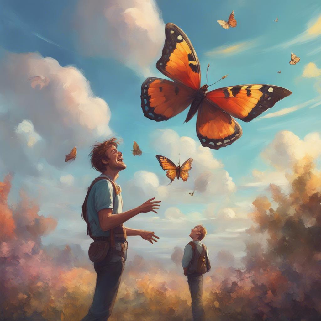 James and a beautiful butterfly with colorful wings meeting in the sky, James laughing with joy, the butterfly talking, clouds around them, fantasy vibe, soft colors