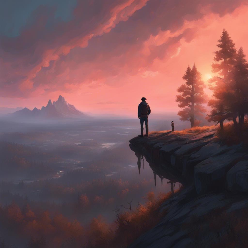 James standing on top of a mountain looking at a breathtaking view, the peach beside him glowing gently, feeling grateful, twilight sky, peaceful and magical scenery