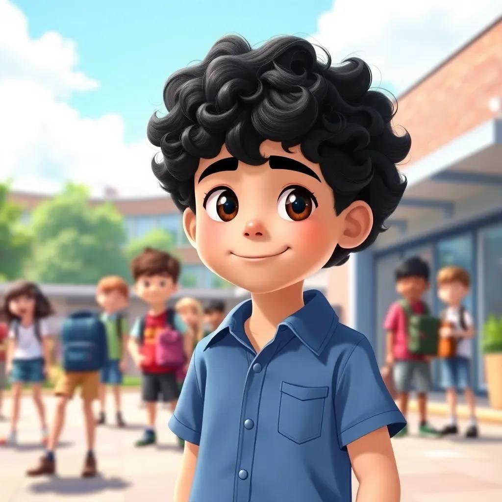 A young boy, James, with curly dark hair wearing a casual blue shirt, standing proudly in a schoolyard in front of his friends, bright sunny day, lively atmosphere, cheerful expressions, digital art, vibrant colors, high quality