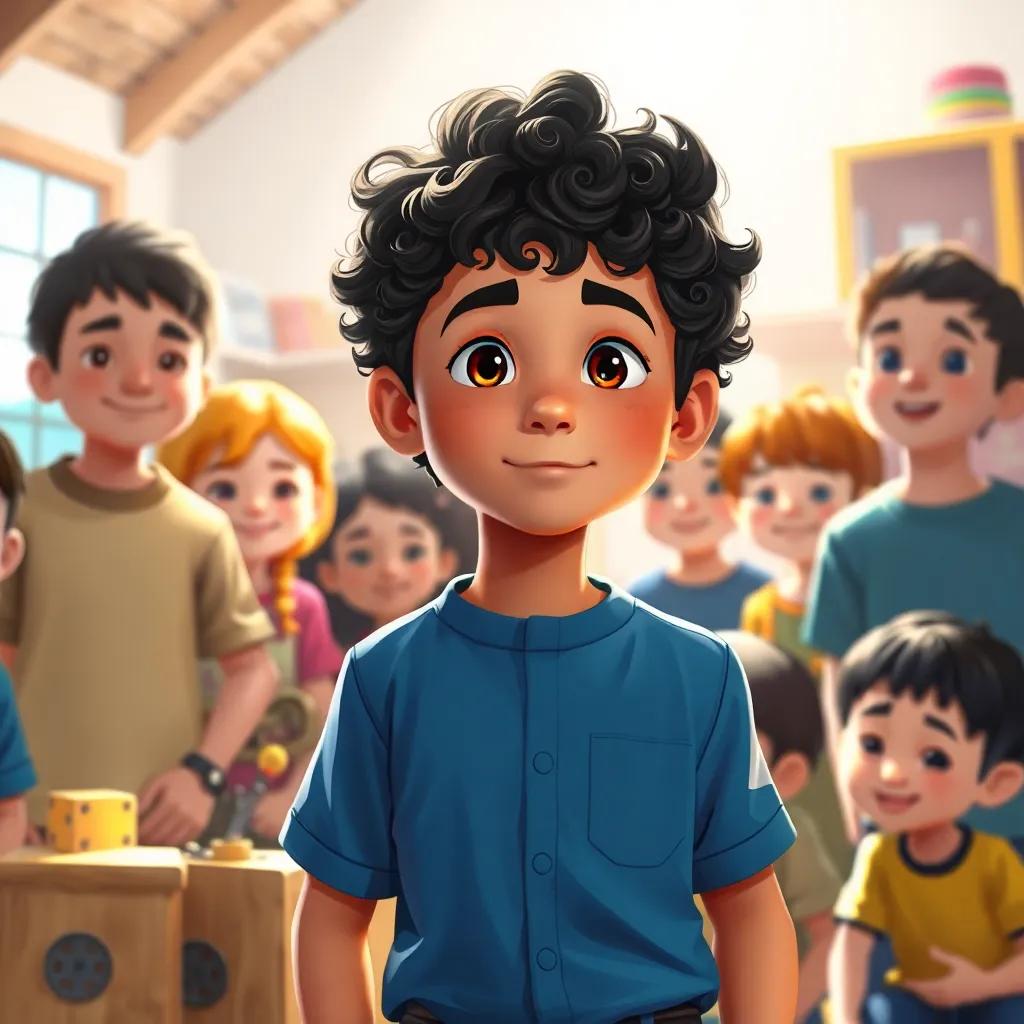 James, a young boy with curly dark hair wearing a casual blue shirt, standing beside his wooden invention surrounded by classmates, a determined look on his face, sunshine pouring in, colorful background, digital painting, uplifting, inspirational