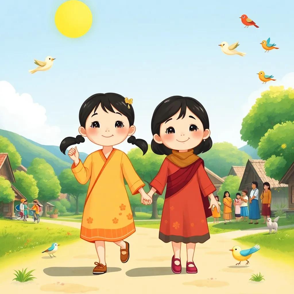 A sunny village scene with two kind-hearted sisters, Jihan and Neriman, walking hand in hand, smiling at villagers, lots of green trees and singing birds, cheerful atmosphere, colorful, vibrant, bright sunlight