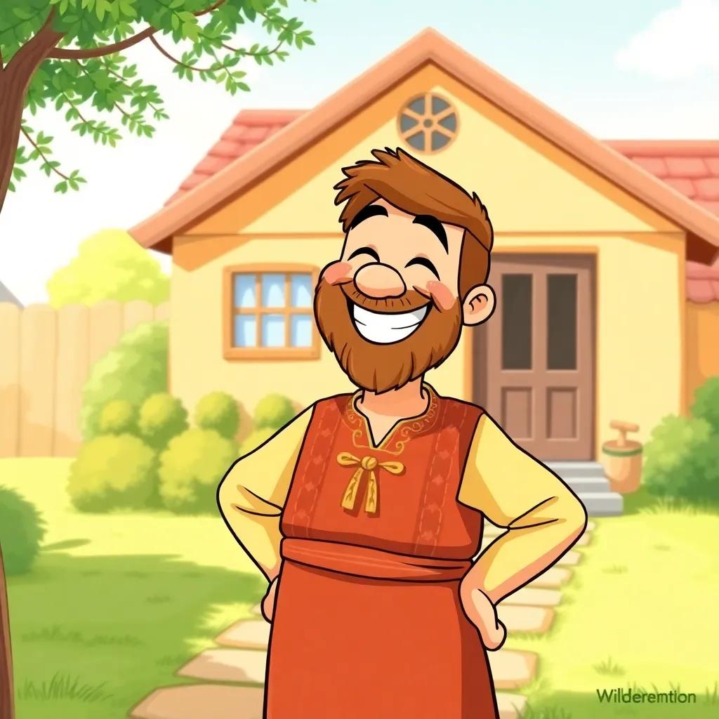 A joyful man, Juha, with a big smile, wearing a traditional outfit, standing in front of a house asking his neighbor for a big pot, bright daylight, cheerful colors, warm atmosphere, friendly perspective, cartoon style, high quality