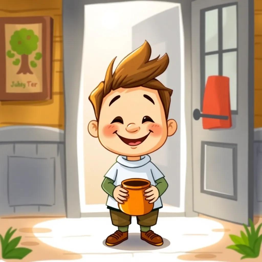 Juha, with a big smile and a small pot in his hands, standing at the doorway of his neighbour, cheerful expression, animated style, friendly atmosphere, colorful, warm light