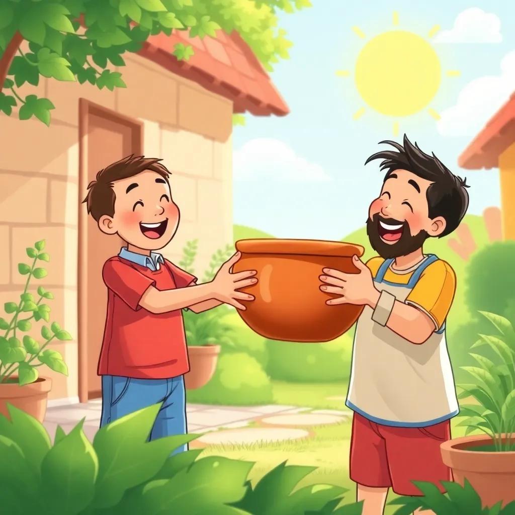 Juha returning the big pot to his neighbor, both laughing, neighbor has a curious expression, sunny outdoor setting, greenery around, bright colors, cheerful perspective, playful atmosphere, cartoon style, high quality