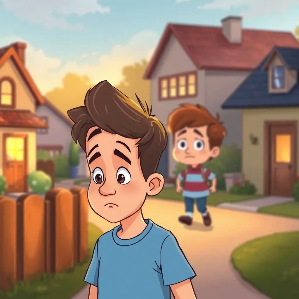Juha looking thoughtful with a serene expression, his neighbor approaching with an anxious look, both in a cozy neighborhood setting, warm light, vibrant scenery, cartoonish, fun perspective, high quality