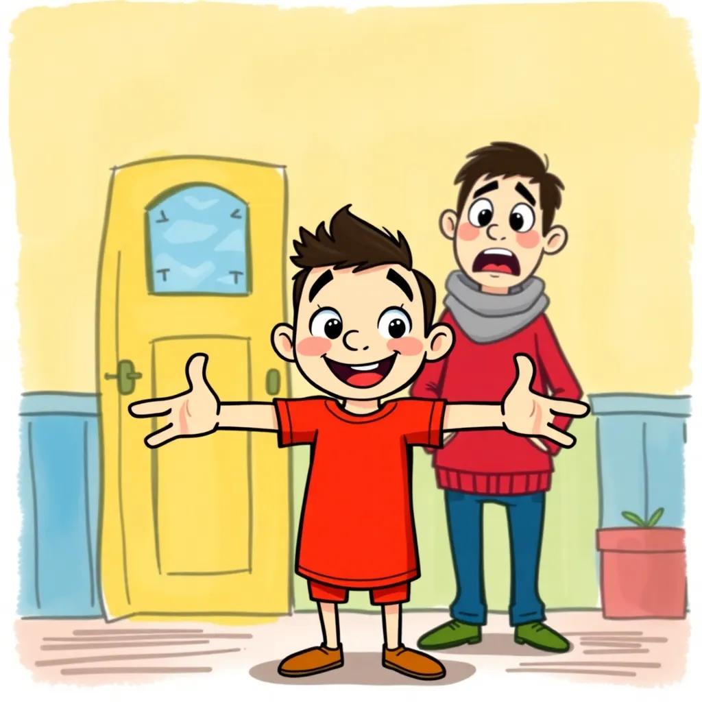 Juha with a confident smile and hands spread wide, standing in front of his neighbor, who looks shocked, whimsical atmosphere, colorful background, cartoon style, playful quality