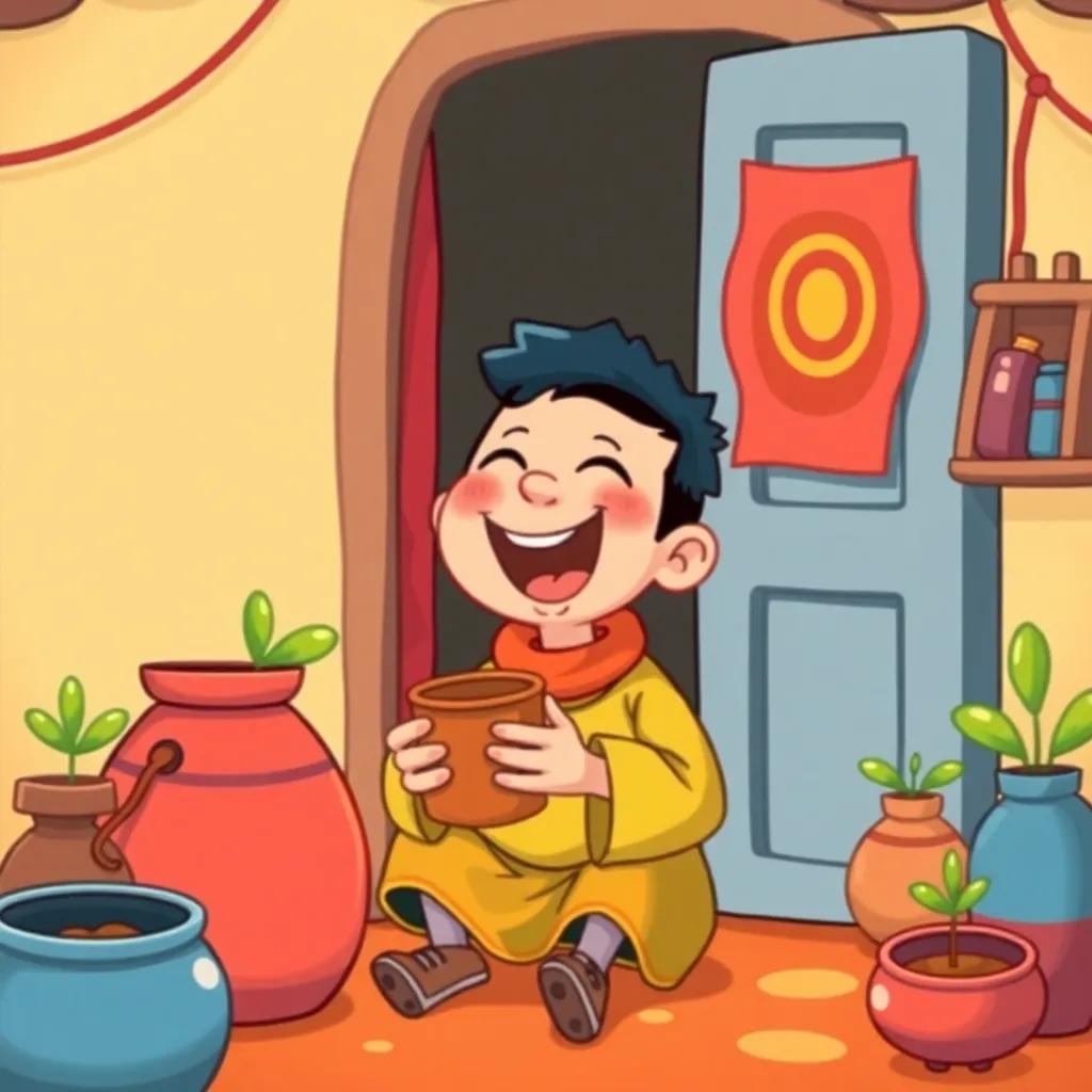 Juha laughing alone at his home, holding the small pot, surrounded by warm and vibrant color, playful and whimsical atmosphere, cheerful expression, cartoon style, high quality