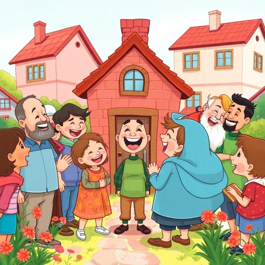 Neighbors gathering around Juha and his house, all laughing together, capturing the joy and fun atmosphere, bright colors, lively setting, cartoonish, cheerful perspective, high quality