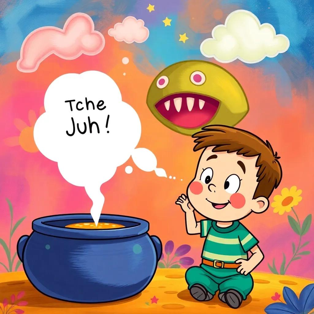 Juha imagining the big pot as a whimsical creature, with a fun expression on his face, colorful, dream-like background, playful and creative aspect, cartoon style, high quality