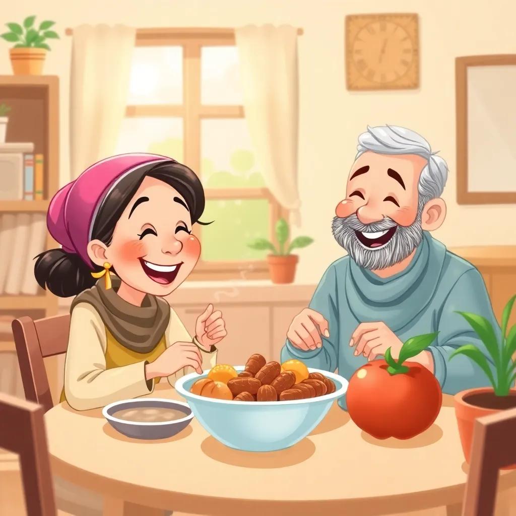 Juha enjoying a meal with the neighbor, both laughing heartily, cozy home setting, warm lighting, colorful and friendly atmosphere, cartoon style, high quality