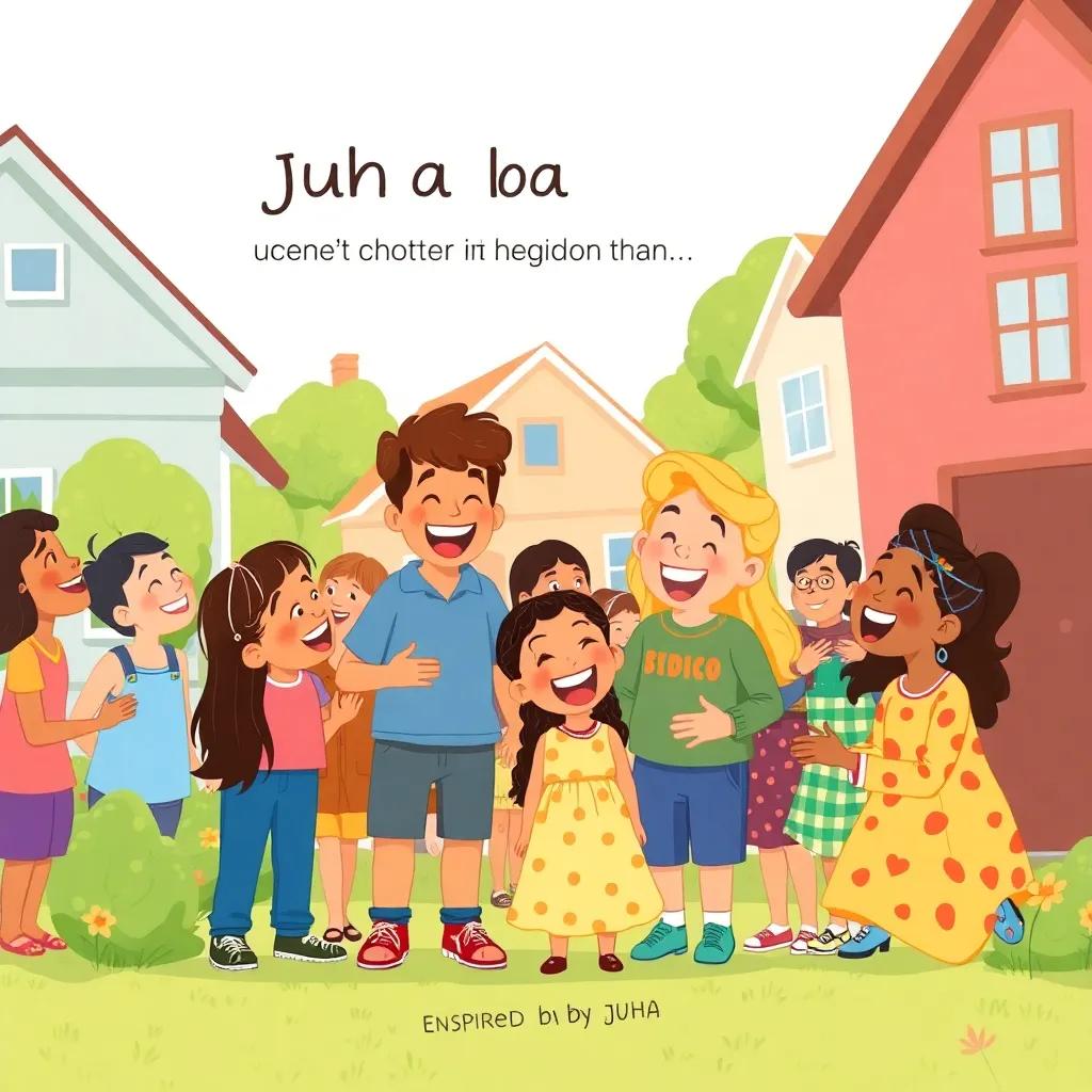 Everyone in the neighborhood sharing laughs and happy moments inspired by Juha, vibrant colors, joyful expressions, community atmosphere, cartoon-like feel, high quality