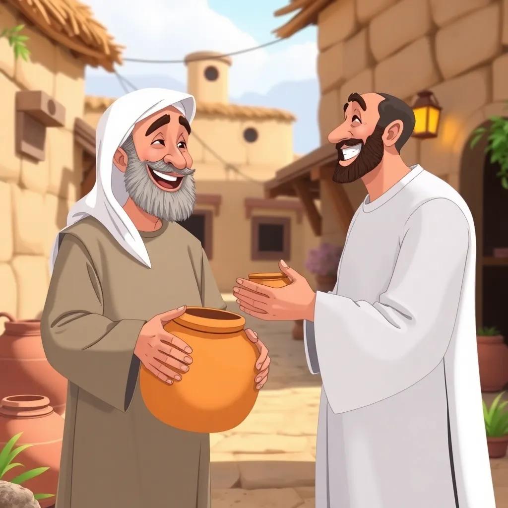 Juha, a Middle-Eastern man with a light beard wearing a traditional white thawb, happily returning a large pot to his neighbor, while presenting a smaller pot as a joke, with both men laughing in a cozy village, illustration, lively colors, friendly scene, child-friendly