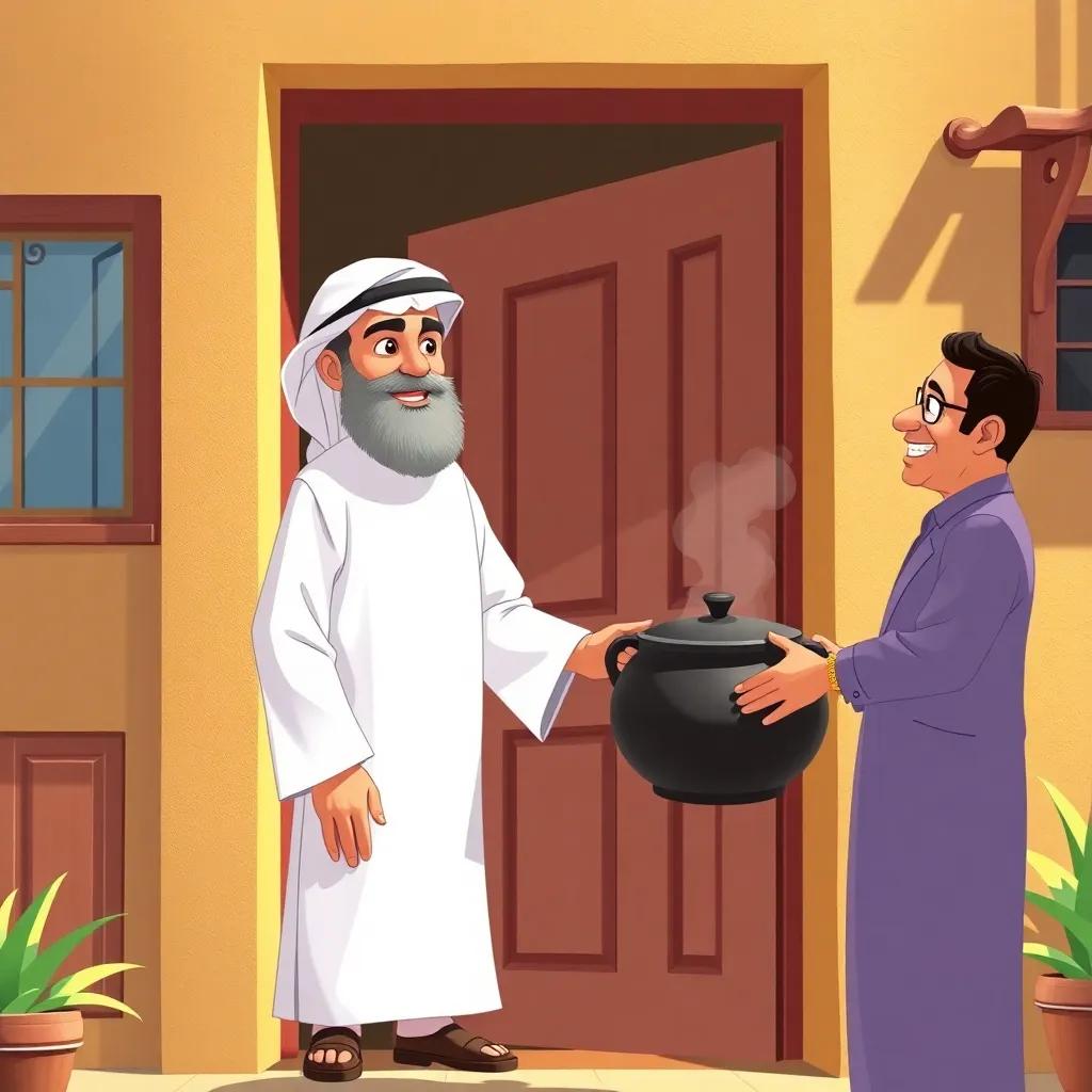 Juha, a Middle-Eastern man with a light beard in a traditional white thawb, standing at a door, jokingly stating he wants to borrow the pot again, with the neighbor chuckling while handing over the big pot, bright sunny day, cheerful mood, colorful