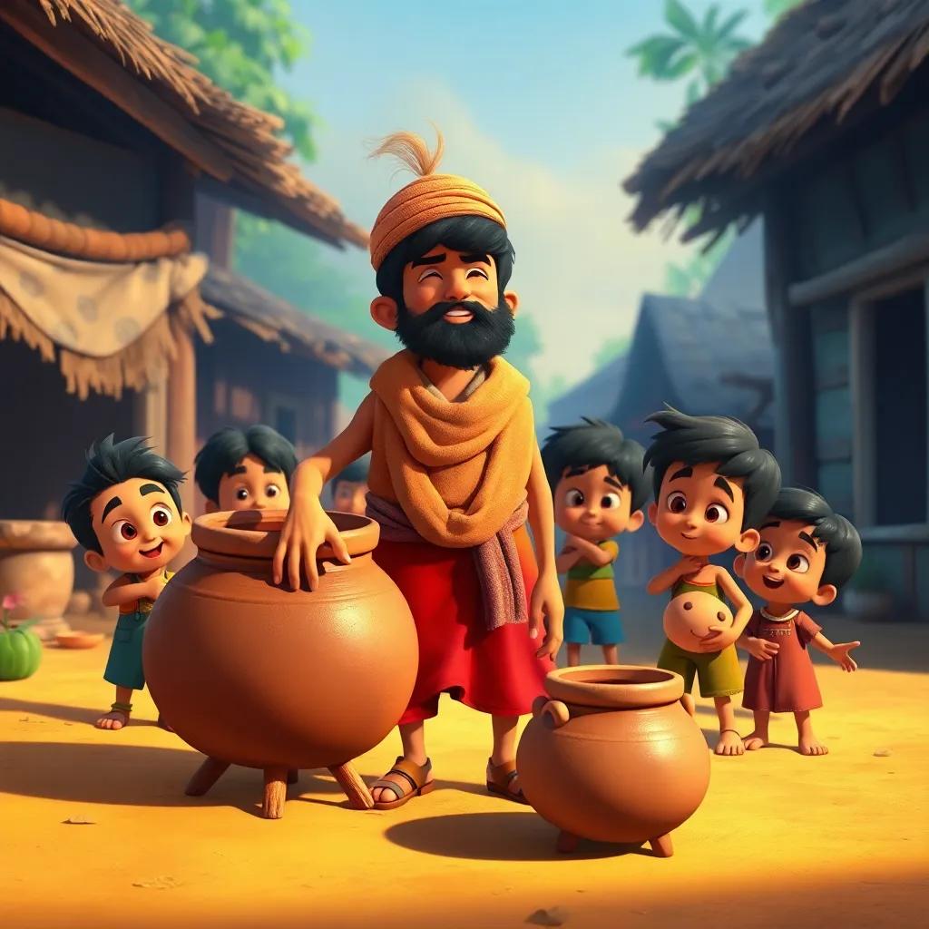 A playful scene of Juha with a big pot and a small pot next to him, standing in the village while children gather around, eyes wide in curiosity, colorful, lively setting, illustration, fun atmosphere, warm light