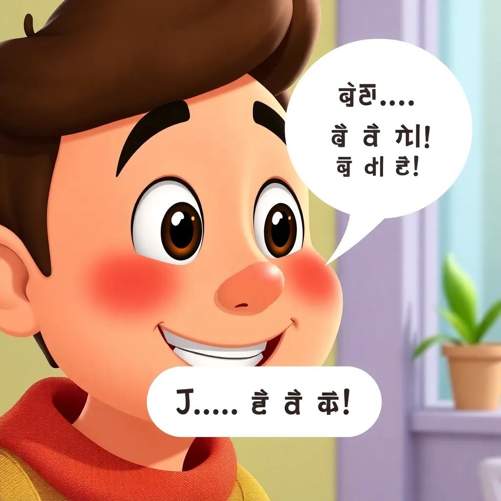 A close-up of Juha with a friendly smile saying: "للأسف... إناؤك مات!" with a shocked expression on the neighbor's face, bright and humorous, colorful cartoon style