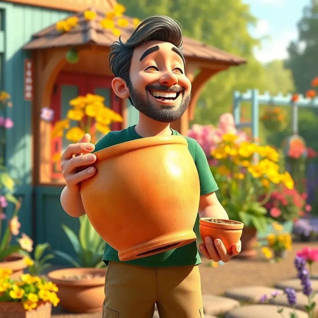 Juha holding a large, unusual pot, with a small pot beside it, standing in front of his neighbor, laughter in the air, colorful garden background, cheerful atmosphere