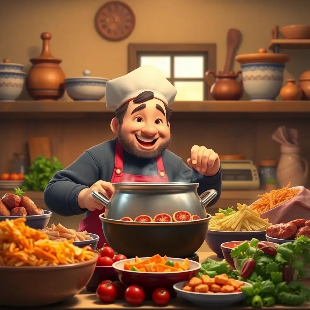 Juha cooking with the strange pot, happy expressions on his face, large amounts of delicious food surrounding him, warm kitchen light, inviting scene