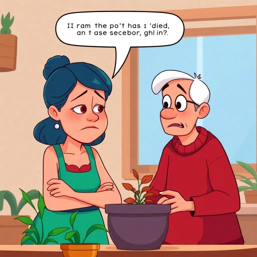 Juha frowning, saying the pot has 'died', surprised expression on the neighbor's face, lively dialogue moment, warm colors, humorous scene